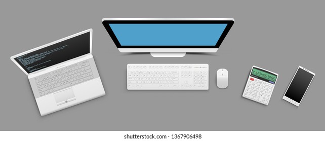 Modern business technology objects set. Computer smartphone notebook calculator with shadow on gray background. Office workplace and workspace