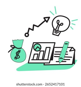 Moderne Unternehmens- und Technologie-Vektorgrafik. Icons für Datenanalyse, Innovation, Startup, Digital Marketing, UI UX Concept, Strategy Planning, Finance und Productivity.
