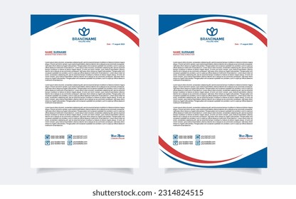 modern business teletterhead design template with red blue and white color combination A4 layout editable vector format