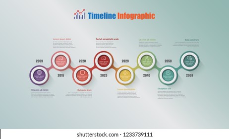 Modern business timeline infographic with 8 steps circle designed for background elements diagram planning process web pages workflow digital technology data presentation chart. Vector illustration