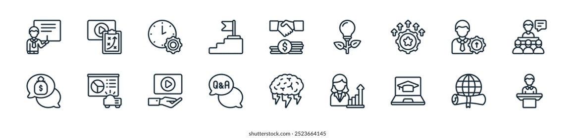 modern business training icon pack. perfect for linear ui designs featuring vector speaker, online certificate, online learning, personal growth, brainstorm, question and answer, video and more