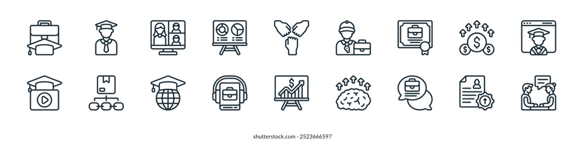 Perfecto para diseños de interfaz de usuario lineal con reuniones de Vector, currículum, consejos, inteligencia, crecimiento de ganancias, audiolibro, aprendizaje y más iconos para App móviles y de Web.