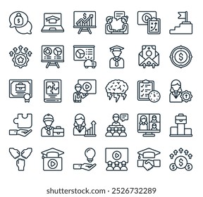 modern business training icon pack. perfect for linear ui designs featuring vector financial profit, handshake, online class, opportunity, educational video and more icons.