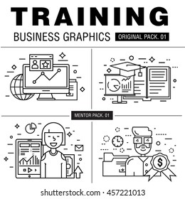 Modern business training pack. Thin line icons set mentor career. Education set collection with global management industry elements. Premium quality vector symbol. Stroke pictogram for web design.