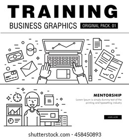 Modern business training pack. Thin line icons set mentor career. Future learn set collection with global management industry elements. Premium quality vector symbol. Stroke pictogram for web design.