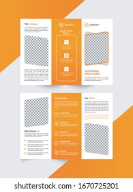 Modern business triple folding brochure design for advertising. Orange tri-fold brochure business template, creative tri-fold, trend brochure.