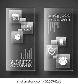 Modern business vertical banners with camera diagram target people calendar and mobile icons vector illustration