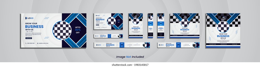  Modern business web banner and social media post pack design with deep and sky blue abstract shapes.
