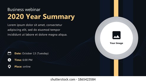 Modern business webinar with image and contact data on a dark blue background. Minimalistic vector template for webinar, conference, horizontal poster, flyer, meetup, party, event, web header