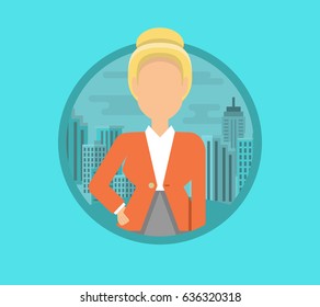 Modern business woman of city. Vector flat design illustration in the circle isolated on background.