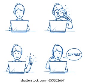 Modern business woman looking happy, working on her laptop, verifying, checking and talking on the phone. Hand drawn line art cartoon vector illustration.