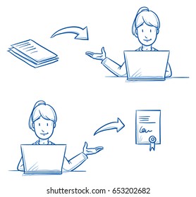 Modern business woman looking happy sitting with her computer, handling incoming documents and sending certificate. Hand drawn line art cartoon vector illustration.