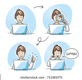 Modern business woman looking happy, working on her laptop, verifying, checking and talking on the phone. Hand drawn cartoon sketch vector illustration, whiteboard marker style coloring.