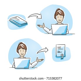 Modern business woman looking happy sitting with her computer, handling incoming documents and sending certificate. Hand drawn cartoon sketch vector illustration, whiteboard marker style coloring.