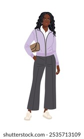 Modern business woman standing  in smart casual office outfit, light purple cardigan, dark gray pants and sneakers. Pretty young stylish girl in fashionable outfit. Flat vector illustration isolated