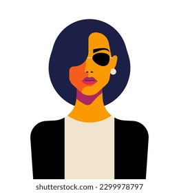 Modern business woman in sunglasses fashion pop art minimalist avatar vector flat illustration