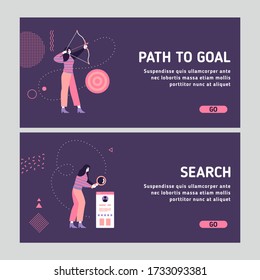 Modern business woman tasks - how to achieve goals and searching for employers and business partners. Modern user interface UX landing slider template