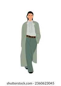 Mujer de negocios moderna caminando en un elegante e informal equipo de oficina. Una mujer muy guapa que lleva pantalones de té, abrigo verde sabio, blusa gris. Ilustración vectorial realista aislada en fondo blanco