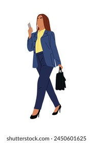Modern business woman walking with phone side view