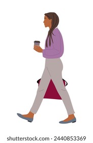 Modern business woman walking side view isolated. 