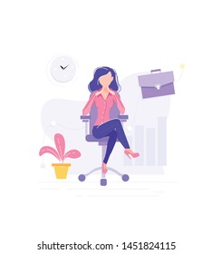 Modern business woman at work. Big pretty, female boss. Set of business element (case, charts, time). Modern office interior. Business concept. Vector illustration.