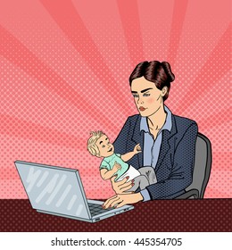 Modern Business Woman Working on Laptop and Holding Baby. Pop Art. Vector illustration