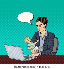 Modern Business Woman Working on Laptop and Holding Baby. Pop Art. Vector illustration