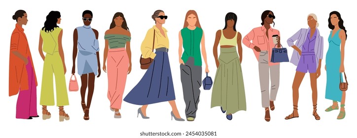 Modern business women collection. Diverse multiracial, multiethnic cartoon girls standing, walking in smart casual summer office outfit. Vector realistic illustration on white background.