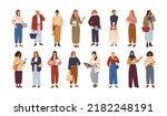 Modern business women set. Diverse businesswomen stand with mobile phones, laptop computers, notebooks, planners. Female office workers. Flat graphic vector illustrations isolated on white background