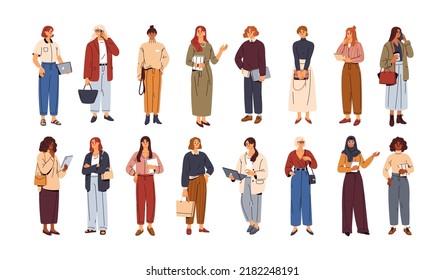 Modern business women set. Diverse businesswomen stand with mobile phones, laptop computers, notebooks, planners. Female office workers. Flat graphic vector illustrations isolated on white background