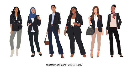 Modern business women set. Diverse businesswomen stand with mobile phones, coffee, bags. Female office workers different ethnicities. Flat graphic vector realistic illustrations isolated. 