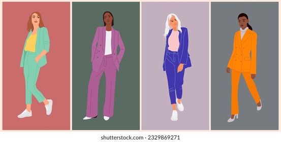 Modern business women set. Vector realistic illustration of diverse multiracial cartoon girls standing and walking in fashionable office look, colorful suits. Isolated on complimentary backgrounds