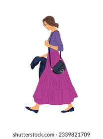 Modern business women walking with hand bag. Vector realistic illustration of pretty cartoon girl in fashionable casual office outfit in vintage style. Isolated on white background