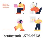 Modern business workflow character set with people working on laptop, tablet and presentation. Flat design vector collection for office, remote work and professional concepts.