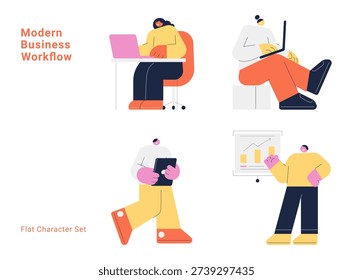 Modern business workflow character set with people working on laptop, tablet and presentation. Flat design vector collection for office, remote work and professional concepts.