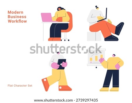 Modern business workflow character set with people working on laptop, tablet and presentation. Flat design vector collection for office, remote work and professional concepts.