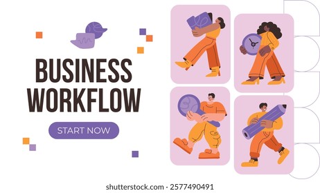 Modern business workflow template featuring vibrant characters in diverse poses with itens like clocks, pencils, and documents. For presentations, productivity, and teamwork themes.