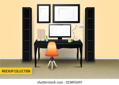 Modern Business workplace with computers mockup template.