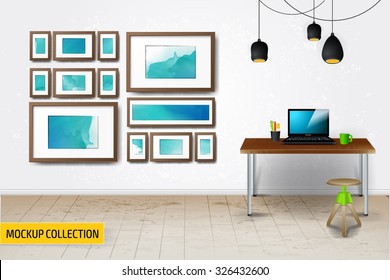 Modern Business workplace with computers mockup template.