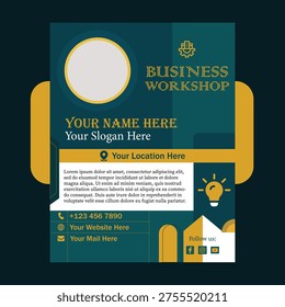 Modern business workshop flyer design with elegant dark green and gold color scheme. Perfect for corporate events, seminars, training sessions, and professional conferences. Clean layout with stylish typography, geometric elements, and organized information sections, ideal for promoting business events, personal branding, and corporate communication.