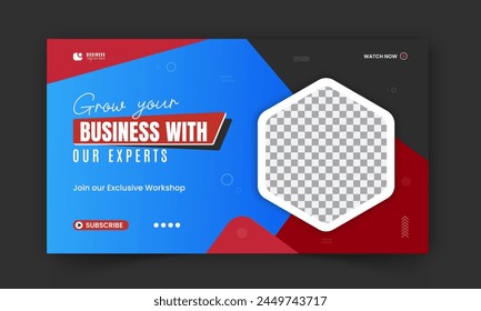 Modern and business workshop promotion video thumbnail design, editable corporate, creative gaming live stream video social media cover, web banner template with red and blue color shapes