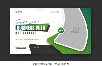 
Modern and business workshop promotion video thumbnail design, editable corporate, creative gaming live stream video social media cover, web banner template with abstract green color shapes