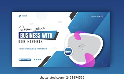 Modern and business workshop promotion video thumbnail design, editable corporate, creative gaming live stream video social media cover, web banner template with abstract blue and black color shapes