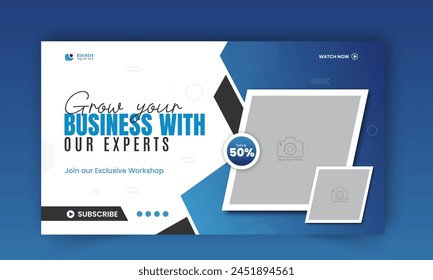 Modern and business workshop promotion video thumbnail design, editable corporate, creative gaming live stream video social media cover, web banner template with abstract blue and black color shapes