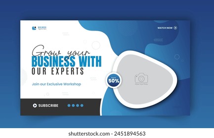 Modern and business workshop promotion video thumbnail design, editable corporate, creative gaming live stream video social media cover, web banner template with abstract blue and black color shapes