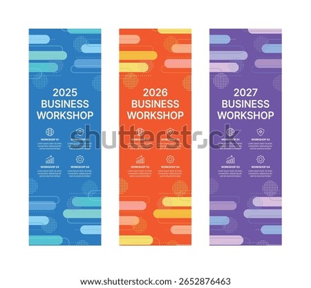 Modern business workshop roll-up banners with arrow graphics symbolizing growth and progress. Perfect for workshops, events, conferences, branding projects, combining style and professionalism.