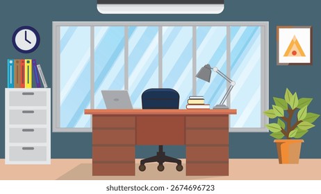 Modern business workspace interior flat vector illustration. 16x9 size illustration.