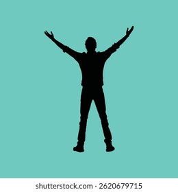 Modern businessman advertising concept. Man in studio isolated on a background . A black silhouette of a businessman in a suit dances funny.