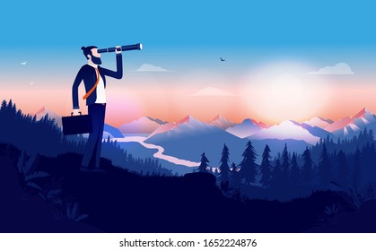 Modern Businessman With Binocular Searching For Opportunities. Standing In Nature Wit Beautiful Landscape And Sunrise In Background. Business Outlook, Job Search, Discover Solution Concept. Vector.