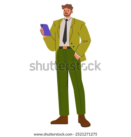 Modern businessman checking his smartphone. Young professional in stylish green suit staying connected on the go. Vector illustration.
